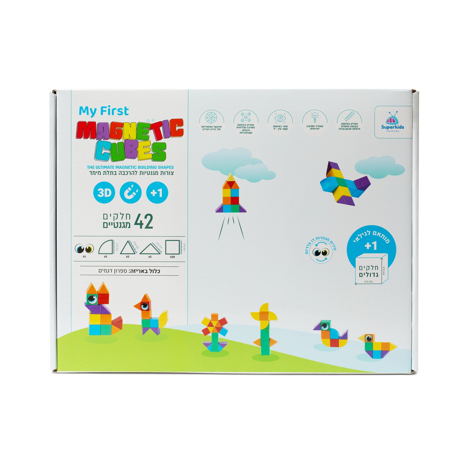 קוביות משולשים ועיניים מגנטיים 42 חלקים - מגיל שנה