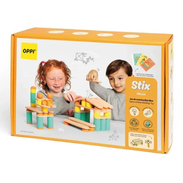 סטיקס - משחק בנייה מונטיסורי מעץ וסיליקון 108 חלקים - Oppi