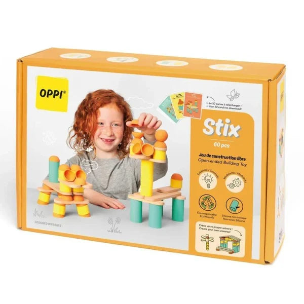 סטיקס - משחק בנייה מונטיסורי מעץ וסיליקון 60 חלקים - Oppi